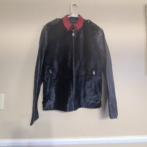 ZARA MEN COWHIDE LEATHER W FAUX FUR JACKET ZIPPERED  BLACK W RED COLLAR 42 L